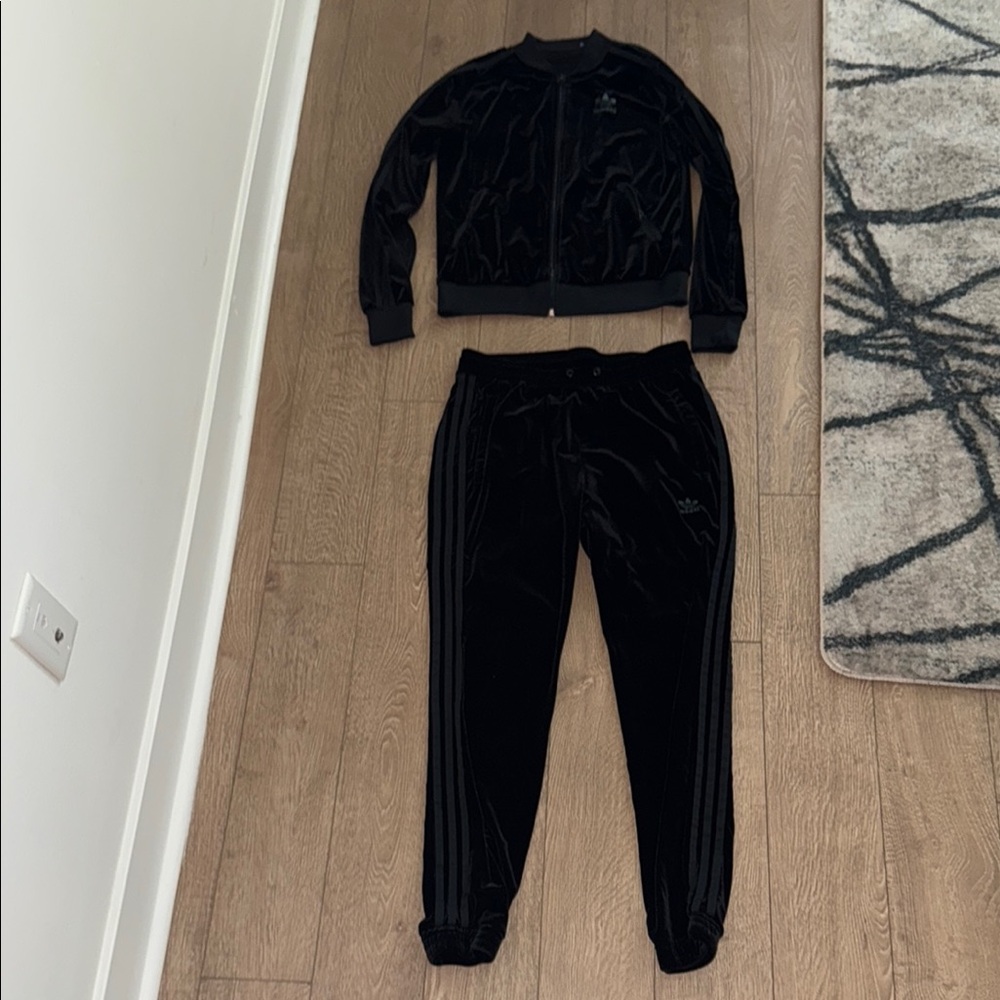 Adidas Black Jogger Track Pants and Zip up sweater shirt velvet sweater set